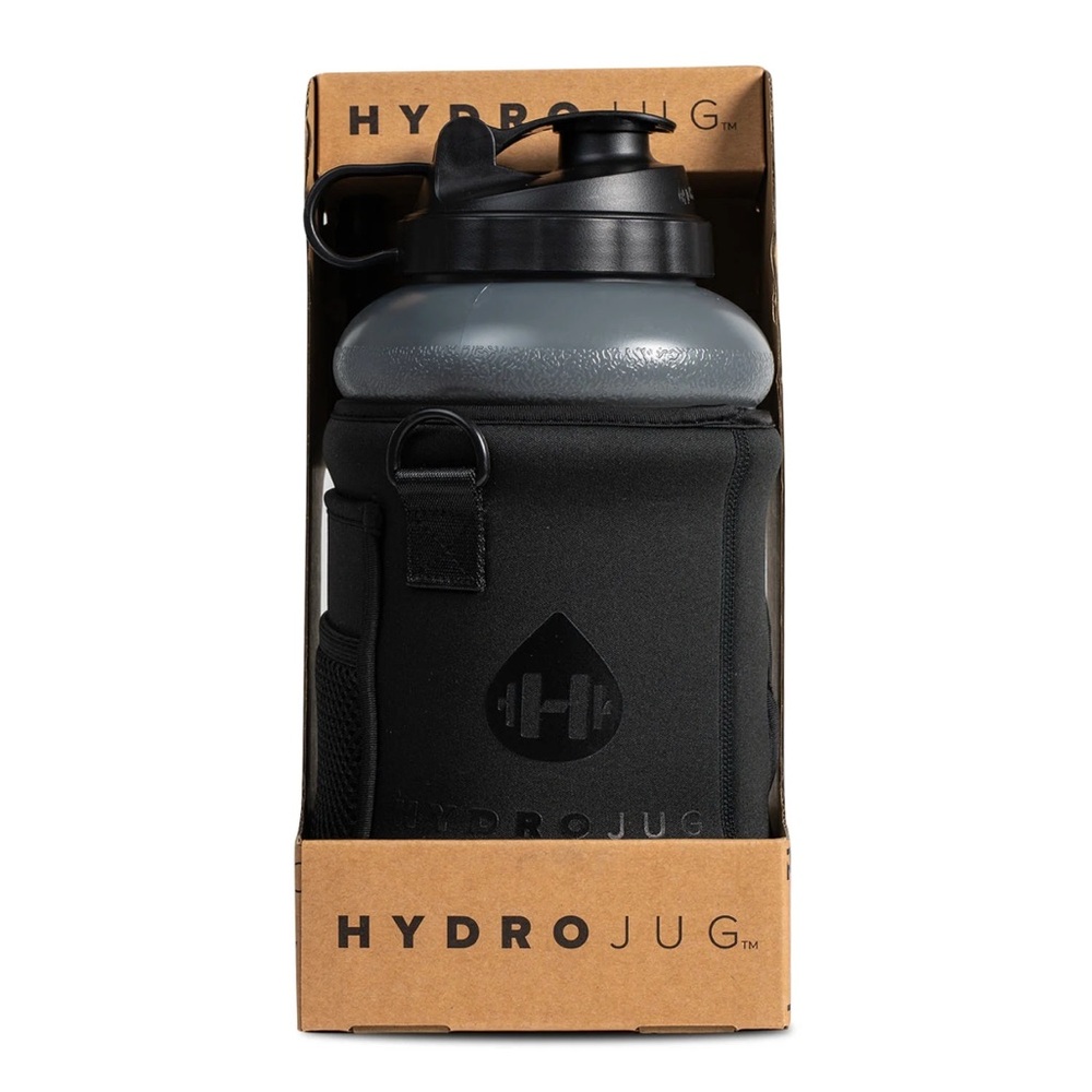 HydroJug 73oz Jug with Sleeve Straw Cup Water Bottle black and gray.
